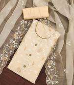 Off white color embroidered modal chanderi silk unstitched dress material