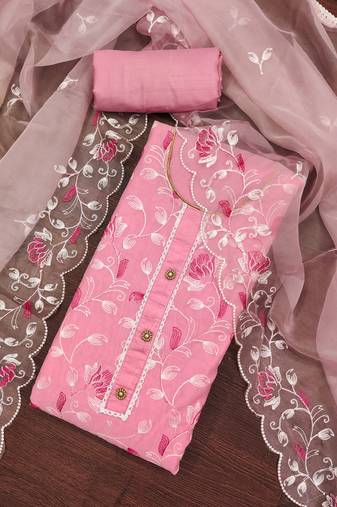 Pink color embroidered modal chanderi silk unstitched dress material