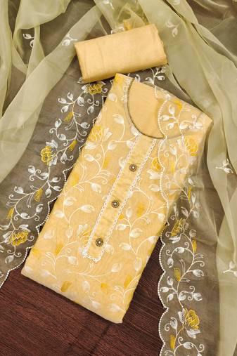 Yellow color embroidered modal chanderi silk unstitched dress material