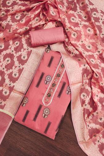 Peach color weaving banarasi chanderi silk unstitched dress material