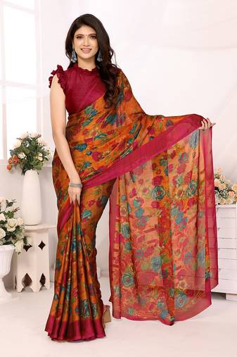 Orange Embroidered Chiffon Designer Saree With Blouse