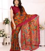 Orange Embroidered Chiffon Designer Saree With Blouse
