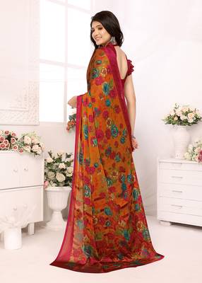 Orange Embroidered Chiffon Designer Saree With Blouse 2