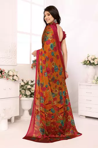 Orange Embroidered Chiffon Designer Saree With Blouse