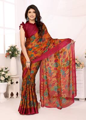 Orange Embroidered Chiffon Designer Saree With Blouse 3