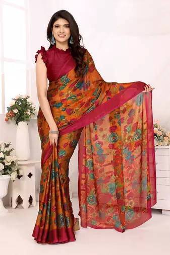 Orange Embroidered Chiffon Designer Saree With Blouse