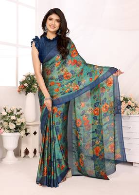 Green Embroidered Chiffon Designer Saree With Blouse 1