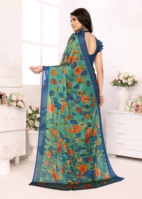 Green Embroidered Chiffon Designer Saree With Blouse 2