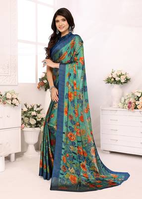 Green Embroidered Chiffon Designer Saree With Blouse 3