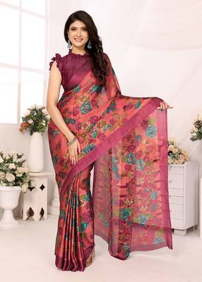 Red Embroidered Chiffon Designer Saree With Blouse 1