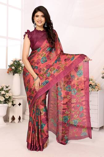 Red Embroidered Chiffon Designer Saree With Blouse