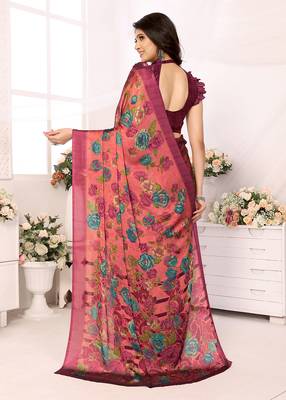 Red Embroidered Chiffon Designer Saree With Blouse 2