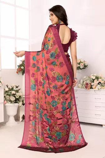 Red Embroidered Chiffon Designer Saree With Blouse