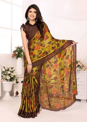 Yellow Embroidered Chiffon Designer Saree With Blouse 1