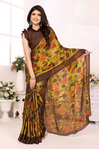 Yellow Embroidered Chiffon Designer Saree With Blouse