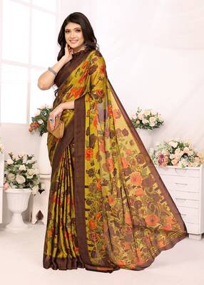 Yellow Embroidered Chiffon Designer Saree With Blouse 2