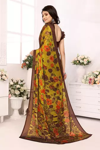 Yellow Embroidered Chiffon Designer Saree With Blouse