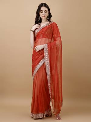 Orange Embroidered Twill Designer Saree With Blouse 1