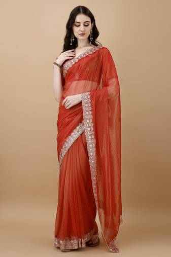 Orange Embroidered Twill Designer Saree With Blouse