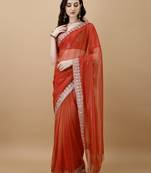 Orange Embroidered Twill Designer Saree With Blouse