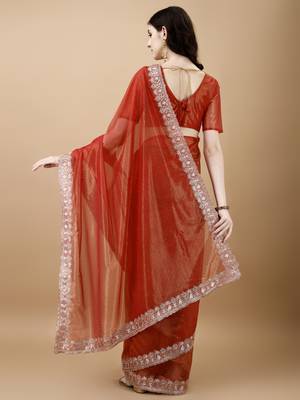 Orange Embroidered Twill Designer Saree With Blouse 2