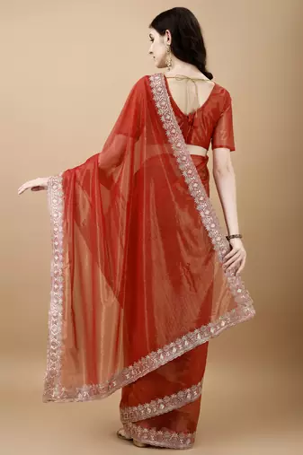 Orange Embroidered Twill Designer Saree With Blouse