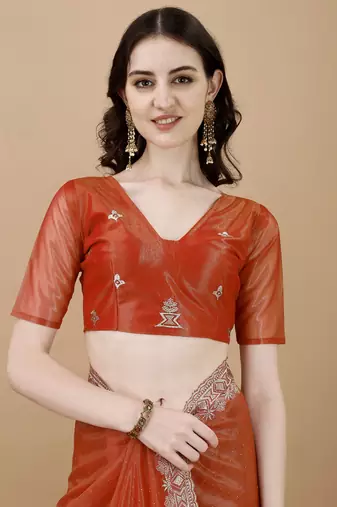 Orange Embroidered Twill Designer Saree With Blouse