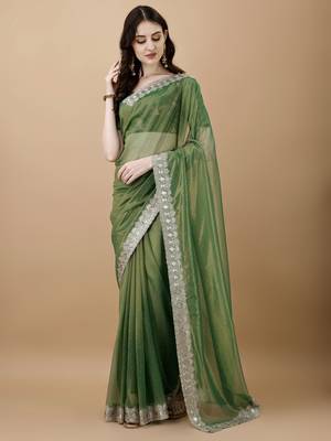 Green Embroidered Twill Designer Saree With Blouse 1
