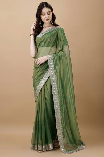 Green Embroidered Twill Designer Saree With Blouse