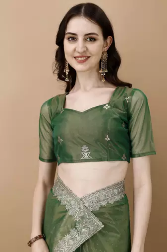 Green Embroidered Twill Designer Saree With Blouse