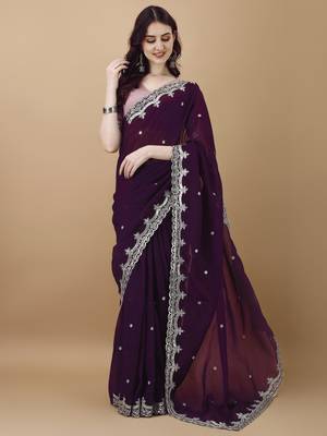 Magenta Embroidered Tissue  Designer Saree With Blouse 1