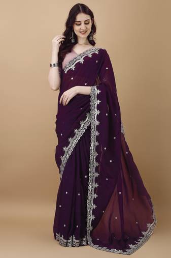Magenta Embroidered Tissue  Designer Saree With Blouse