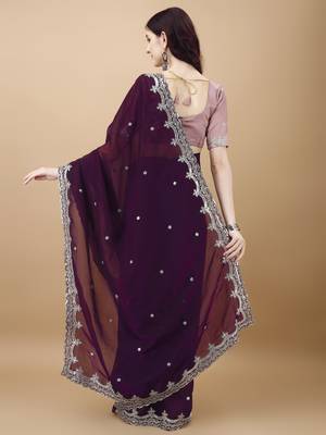Magenta Embroidered Tissue  Designer Saree With Blouse 2