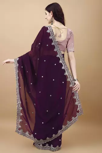 Magenta Embroidered Tissue  Designer Saree With Blouse