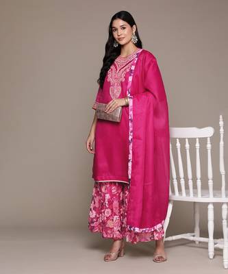 Aarke magenta embroidered kurta with sharara and dupatta 1