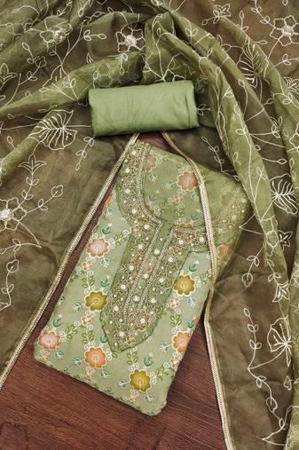 Green color embroidered viscos organja unstitched dress material
