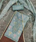 Teal color embroidered viscos organza unstitched dress material