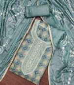 Teal color embroidered viscos organza unstitched dress material