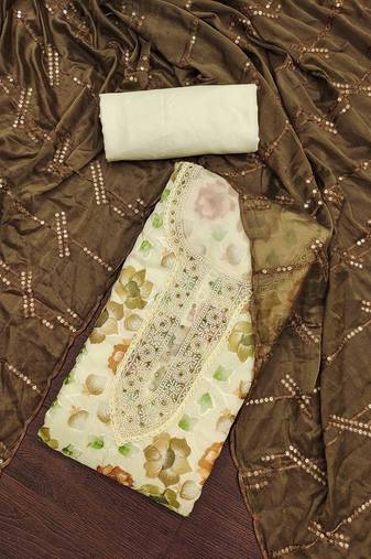 Yellow color embroidered viscos organja unstitched dress material