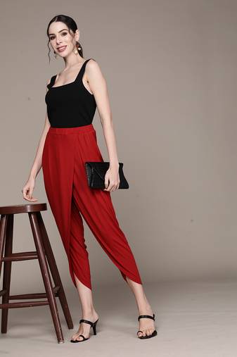 Aarke red viscose solid dhoti pant
