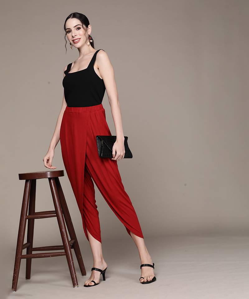 Aarke red viscose solid dhoti pant