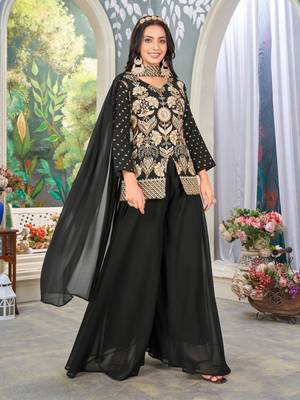 Black heavy embroidered faux georgette stitched Palazzo suit 1