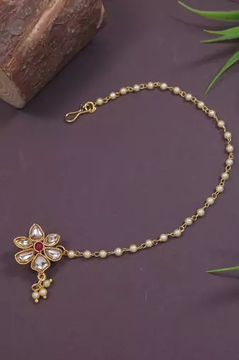 Traditional Kundan & Pearl Non-Piercing Nose Pin with Attached Pearl Chain