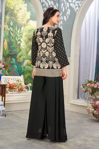Black heavy embroidered faux georgette stitched Palazzo suit