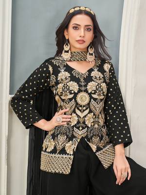 Black heavy embroidered faux georgette stitched Palazzo suit 4