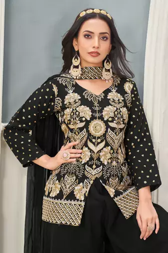 Black heavy embroidered faux georgette stitched Palazzo suit
