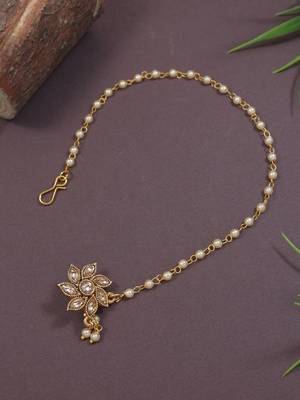Traditional Kundan & Pearl Non-Piercing Nose Pin with Attached Pearl Chain 1