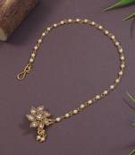Traditional Kundan & Pearl Non-Piercing Nose Pin with Attached Pearl Chain