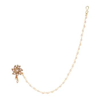 Traditional Kundan & Pearl Non-Piercing Nose Pin with Attached Pearl Chain 2