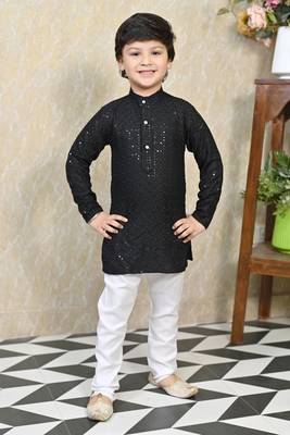 Boys chikankari sequined viscose rayon floral kurta pyjama set for boys - black 1